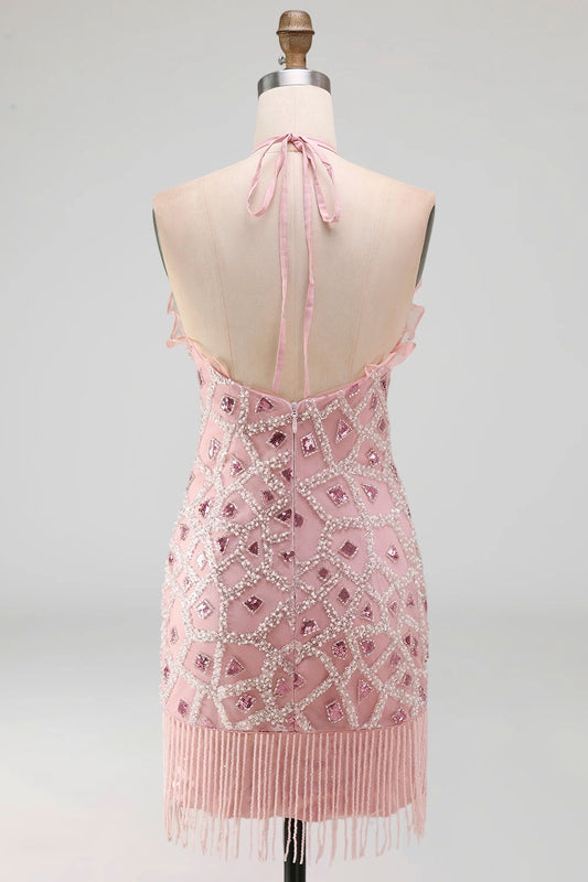 Robe de cocktail courte à volants et licou, ornée de perles, avec franges et effet scintillant