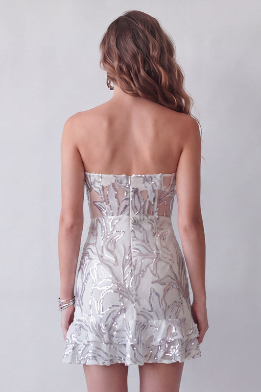 Sparkly Dusty Sage Strapless Beaded Tight Short Cocktail Dress with Ruffles