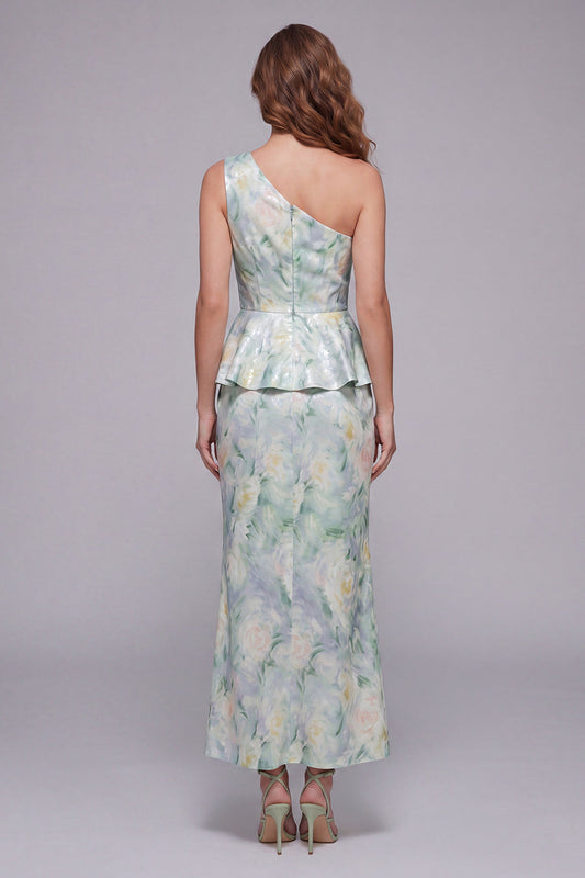 Robe de soirée sirène asymétrique fleurie vert clair