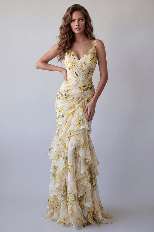 Light Yellow Floral Spaghetti Straps Mermaid Ruffled Formal Dress