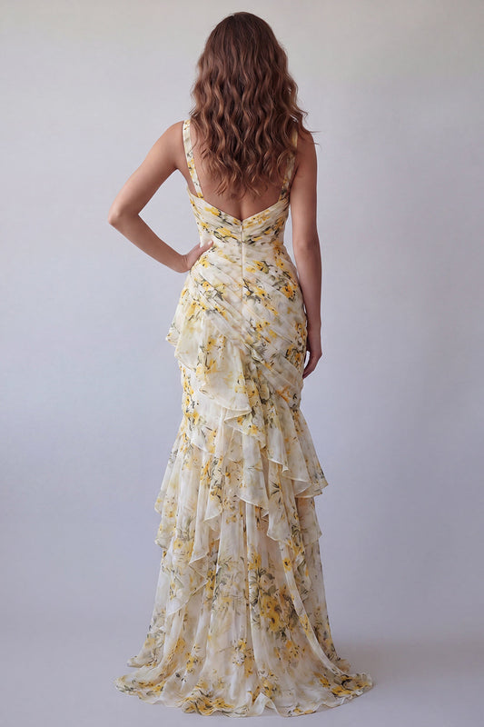 Light Yellow Floral Spaghetti Straps Mermaid Ruffled Formal Dress