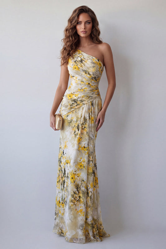 One Shoulder Light Yellow Floral Pleated Mermaid Formal Dress