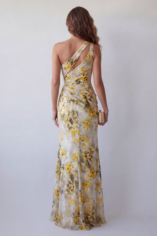 One Shoulder Light Yellow Floral Pleated Mermaid Formal Dress