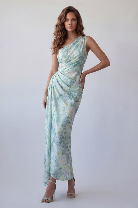 Robe de soirée sirène drapée asymétrique florale vert clair