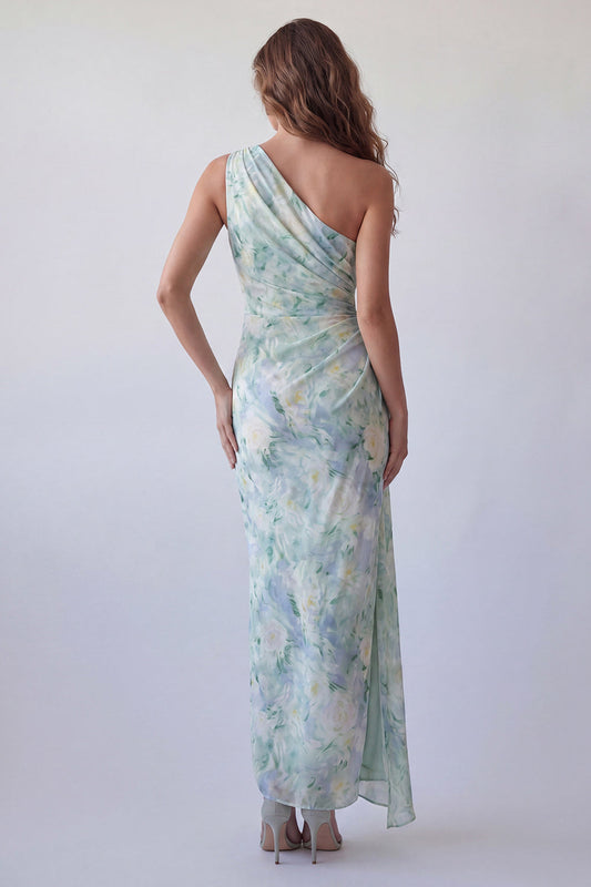 Robe de soirée sirène drapée asymétrique florale vert clair
