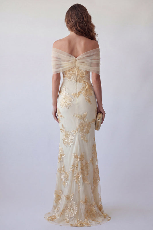 Off The Shoulder Light Yellow Embroidered Mermaid Formal Dress