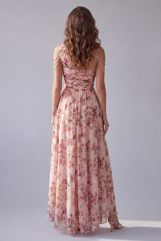 Robe de soirée asymétrique rose à fleurs coupe trapèze