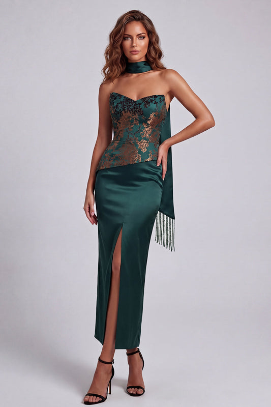 Robe de Soirée Fourreau Vert Foncé sans Bretelles