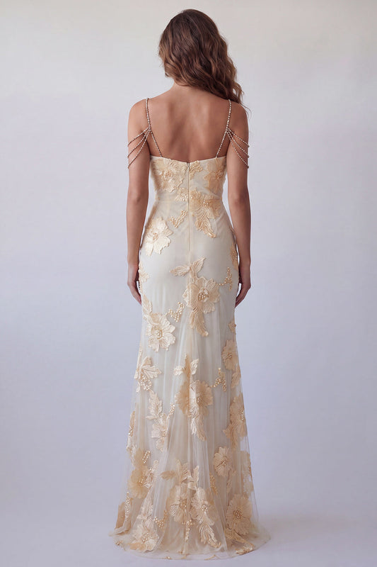 Light Yellow Floral Mermaid Formal Dress with Rhinestone Chain Straps