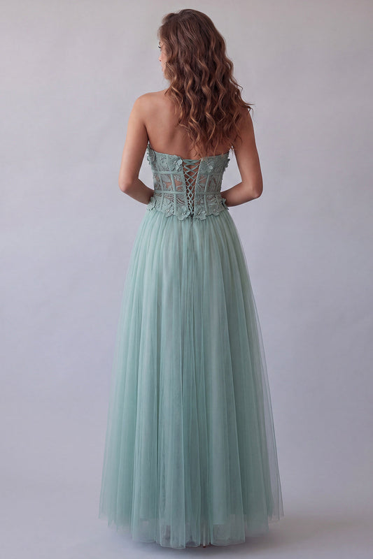 Robe de soirée sans bretelles verte corset ligne A en tulle avec appliques