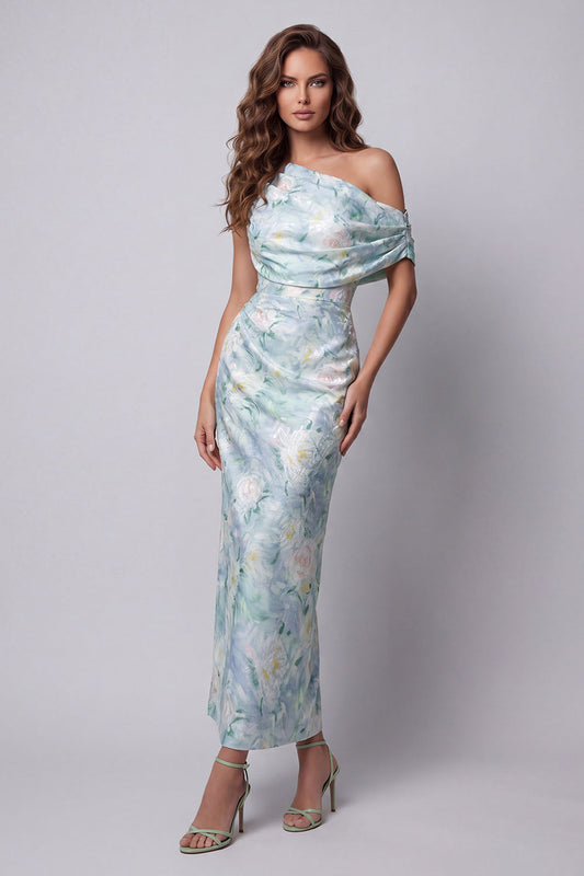 Robe de soirée fourreau asymétrique vert clair à fleurs