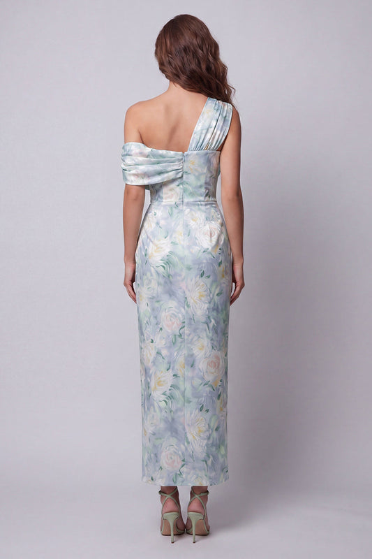 Robe de soirée fourreau asymétrique vert clair à fleurs