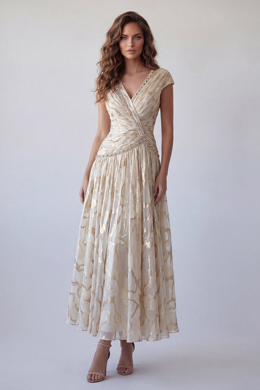 Champagne A-Line Ruched V-Neck Printed Beaded Formal Dress with Cap Sleeves