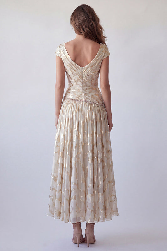 Champagne A-Line Ruched V-Neck Printed Beaded Formal Dress with Cap Sleeves