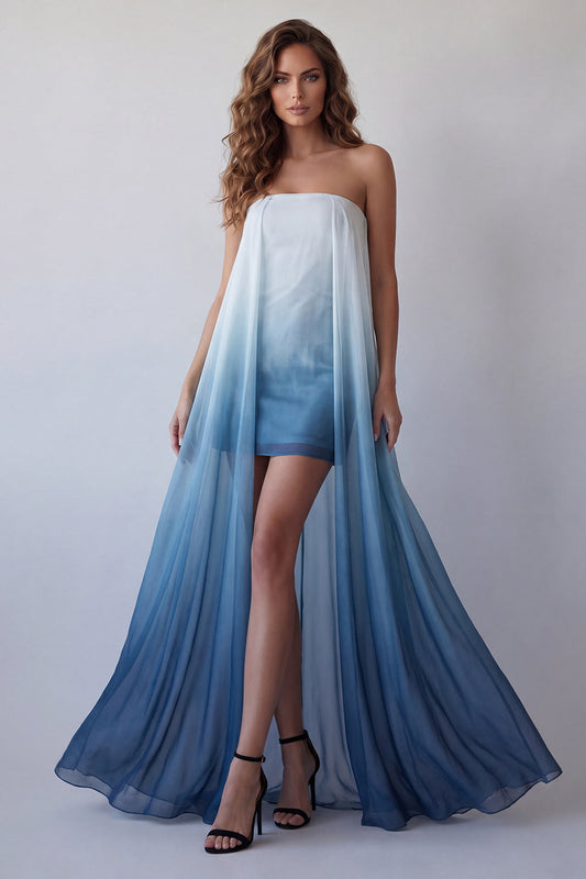 Robe de soirée moulante bustier mini en mousseline bleu lac