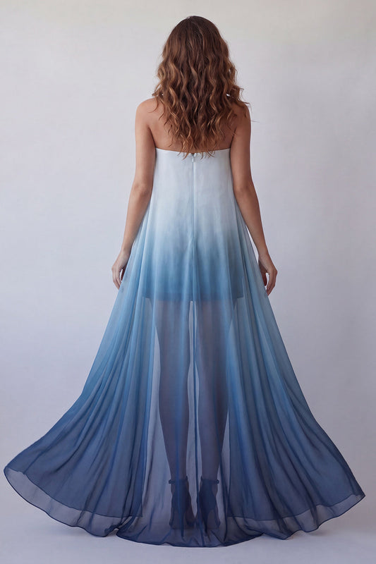 Robe de soirée moulante bustier mini en mousseline bleu lac