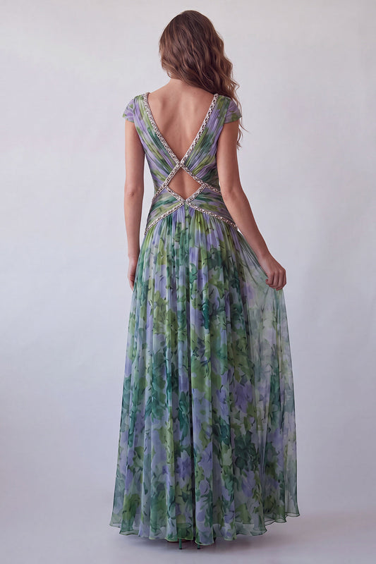 Chiffon Dusty Sage A-Line V-Neck Ruched Long Formal Dress