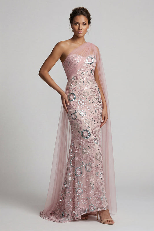 Robe longue sirène rose scintillante pour mère de la mariée avec cape latérale