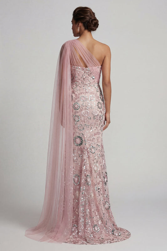 Robe longue sirène rose scintillante pour mère de la mariée avec cape latérale