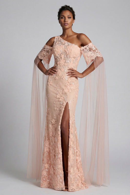 Robe de mère de la mariée longue sirène perlée pêche scintillante à fleurs avec cape