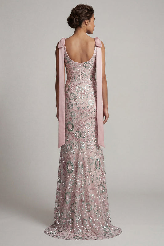 Longue robe de soirée rose sirène scintillante à encolure bateau perlée avec nœuds pour la mère de la mariée