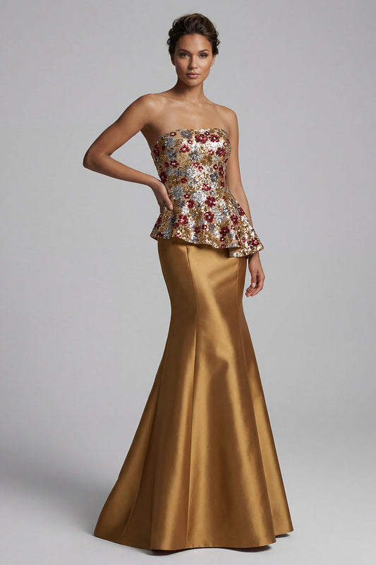 Robe longue de mère de la mariée sirène fleurie dorée brillante à sequins, sans bretelles
