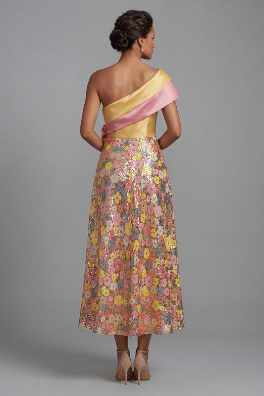 Robe de mère de la mariée longue ligne A asymétrique fleurie jaune étincelante