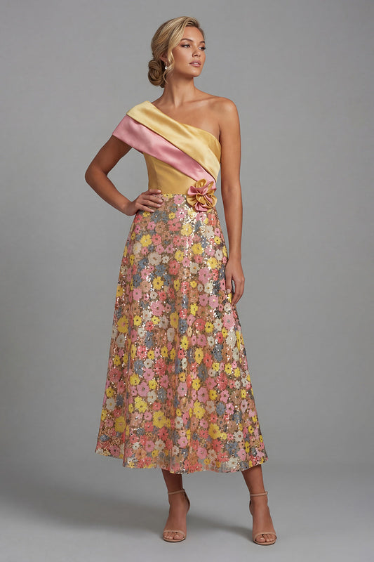 Robe de mère de la mariée longue ligne A asymétrique fleurie jaune étincelante