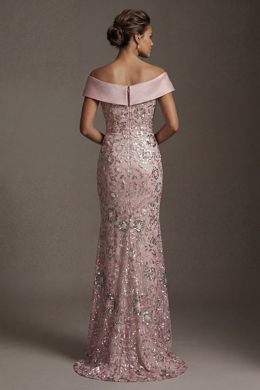 Robe de mariée longue sirène perlée rose pailletée, décolleté épaules dénudées