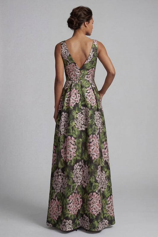 Dark Green V-Neck Floral Long A-Line Mother of the Bride Dress with Pockets