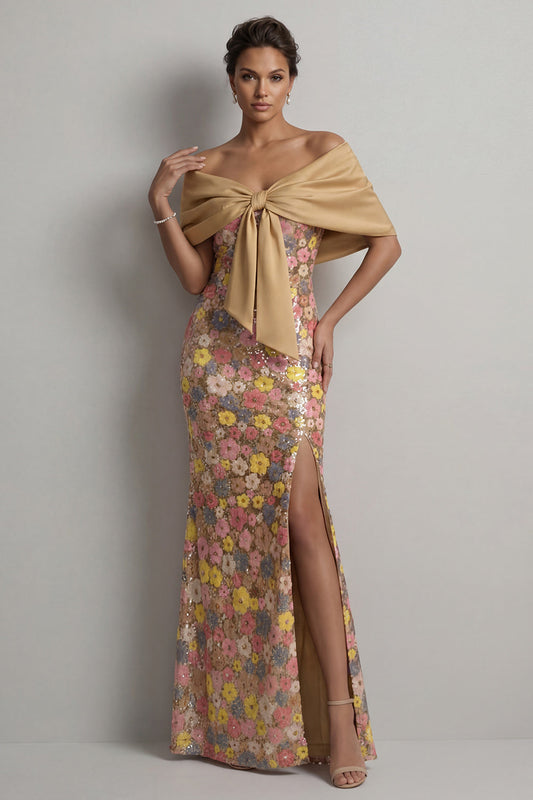 Robe longue de sirène jaune scintillante et fleurie avec fente pour mère de la mariée