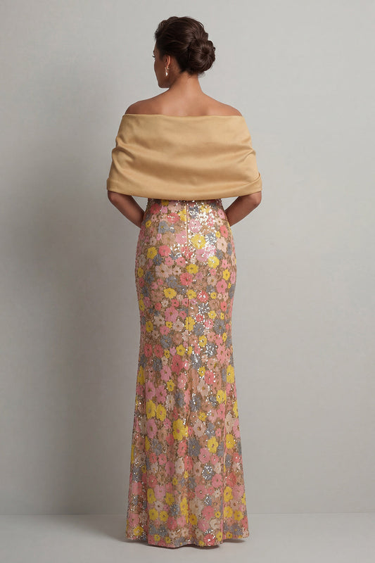 Robe longue de sirène jaune scintillante et fleurie avec fente pour mère de la mariée