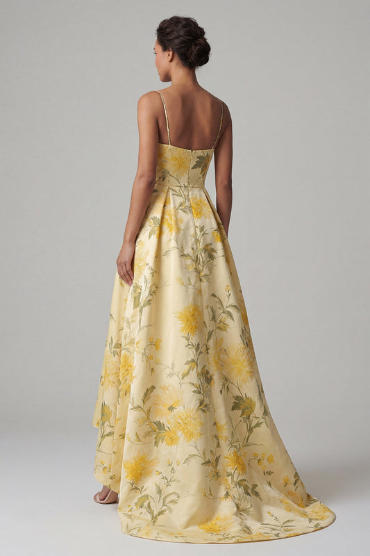 Yellow A Line Spaghetti Straps High Low Floral Dress