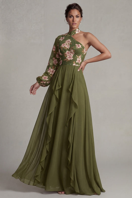 Robe de Mère de la Mariée Évolutive Eucalyptus Asymétrique Fleurie avec Col Halter et Volants