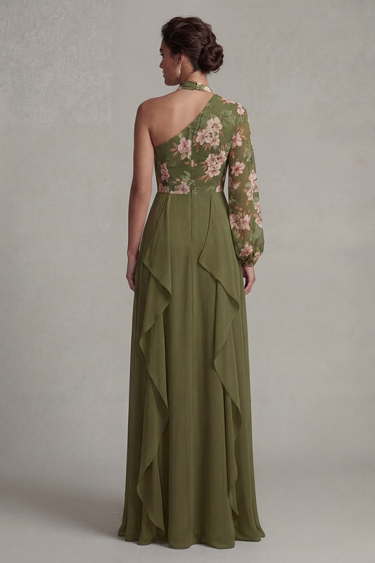 Robe de Mère de la Mariée Évolutive Eucalyptus Asymétrique Fleurie avec Col Halter et Volants