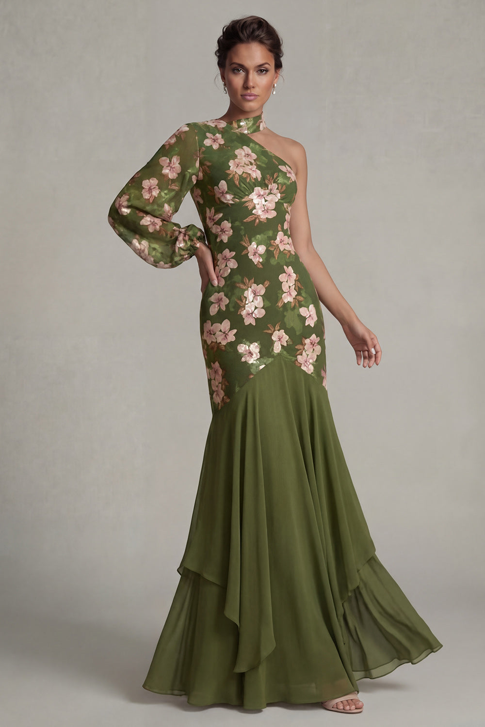 Robe de Mère de la Mariée Eucalyptus Licou Sirène Asymétrique avec Manches Longues
