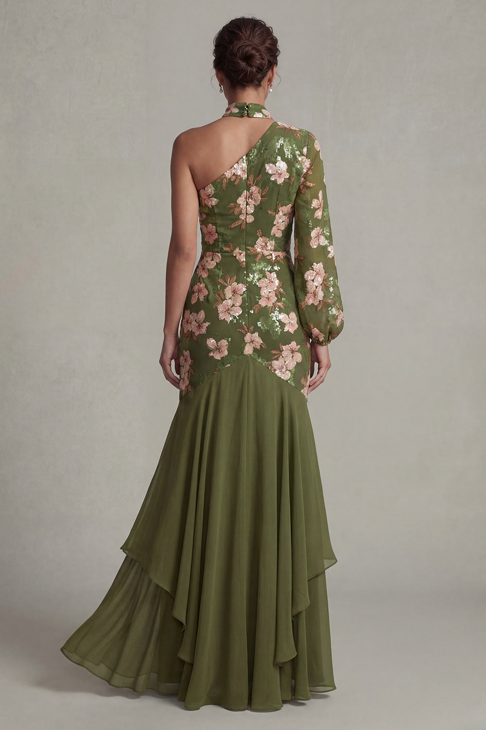 Robe de Mère de la Mariée Eucalyptus Licou Sirène Asymétrique avec Manches Longues