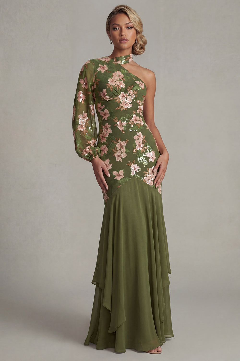 Robe de Mère de la Mariée Eucalyptus Licou Sirène Asymétrique avec Manches Longues