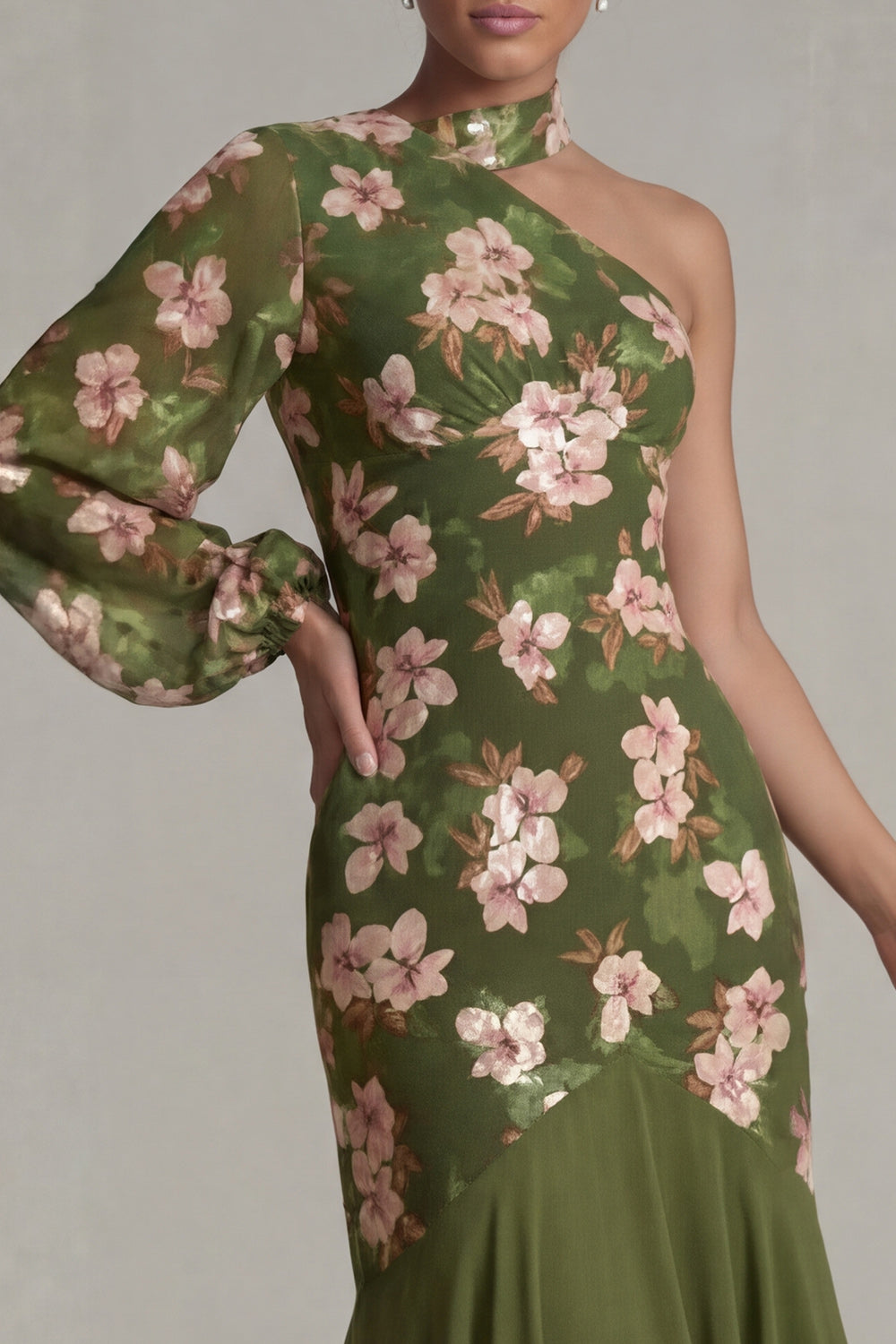 Robe de Mère de la Mariée Eucalyptus Licou Sirène Asymétrique avec Manches Longues