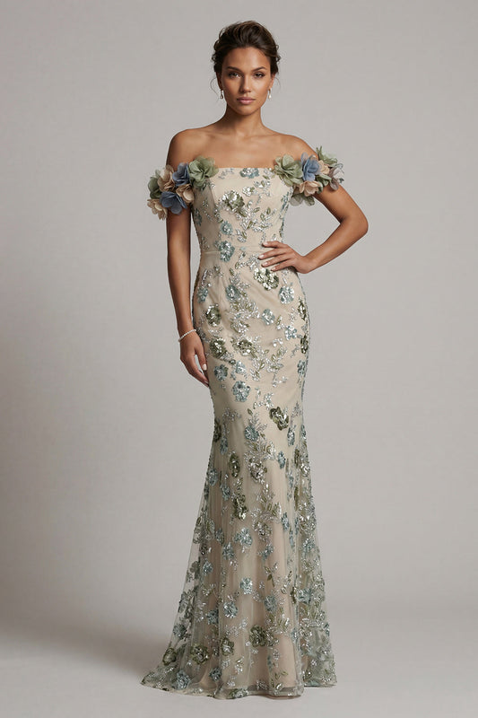 Dusty Sage Off-the-Shoulder Mermaid Sequin Mother of the Bride Dress with 3D Flowers