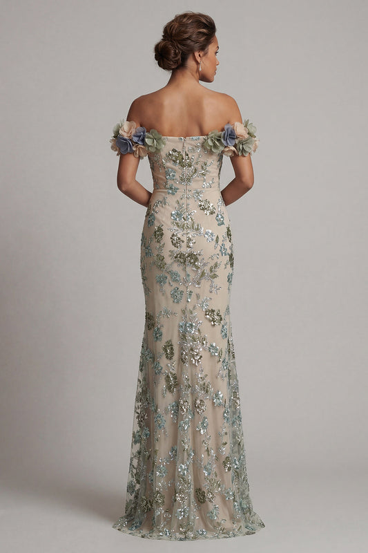 Dusty Sage Off-the-Shoulder Mermaid Sequin Mother of the Bride Dress with 3D Flowers