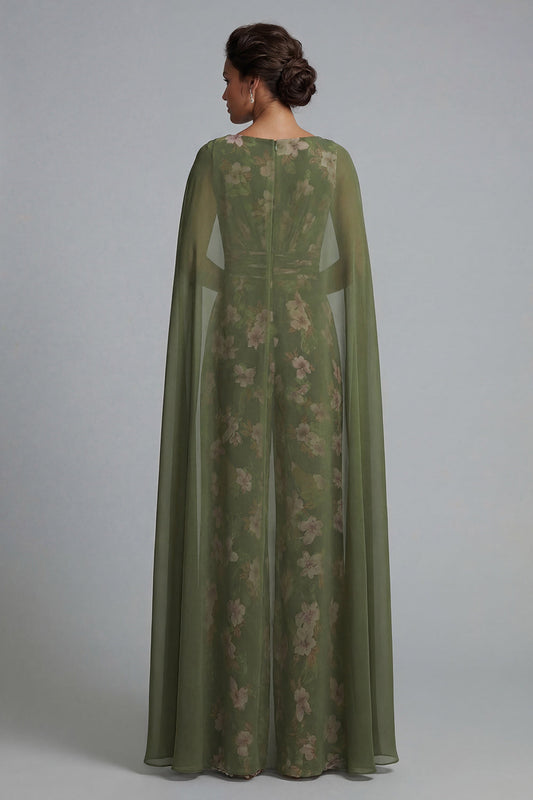 Combinaison Eucalyptus à col en V fleuri avec cape pour la mère de la mariée