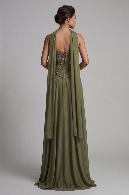 Robe de mère de la mariée trapèze sans bretelles vert olive avec applications et écharpe