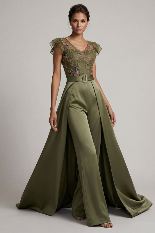 Combinaison Col V Brodé Olive pour Mère de la Mariée avec Manches Flottantes