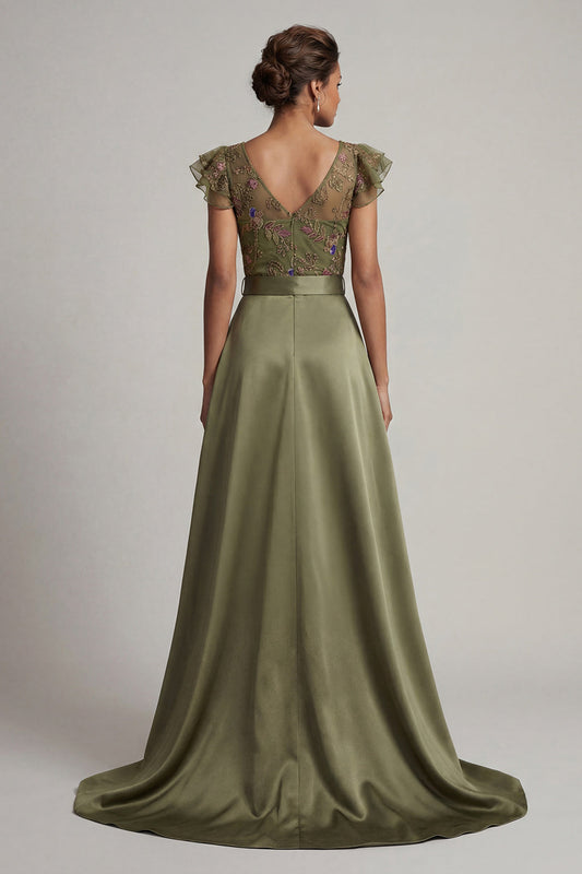 Combinaison Col V Brodé Olive pour Mère de la Mariée avec Manches Flottantes