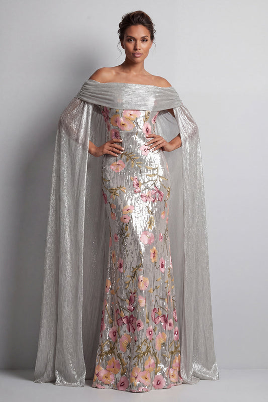 Sparkly Silver Sequin Floral Mermaid Long Mother Of The Bride Dress With Cape