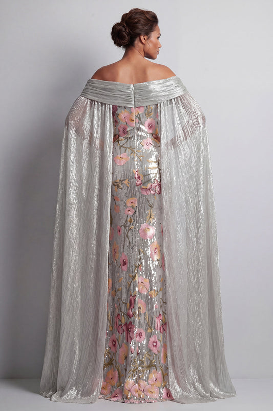 Sparkly Silver Sequin Floral Mermaid Long Mother Of The Bride Dress With Cape