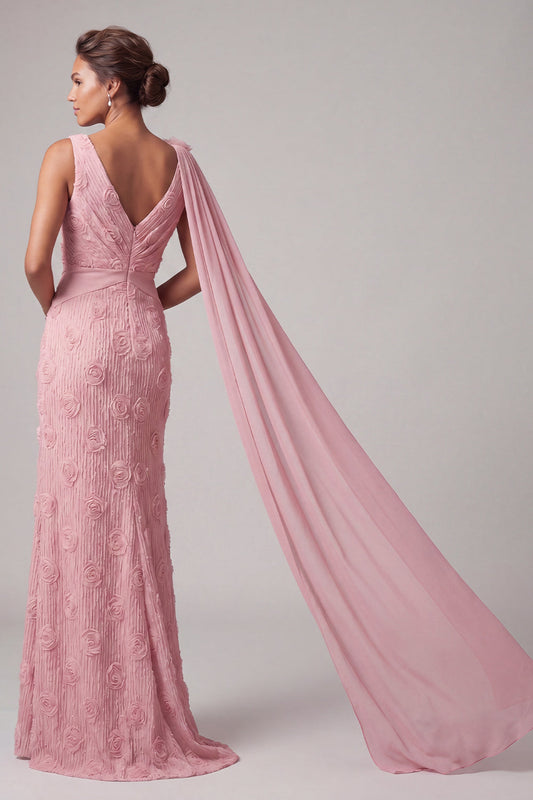 Pink Floral V-Neck Mermaid Long Mother Of the Bride Dress with Streamer