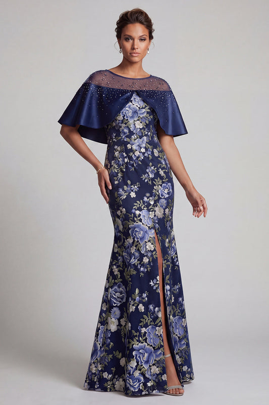 Navy Floral Mermaid Beaded Long Mother Of the Bride Dress with cape