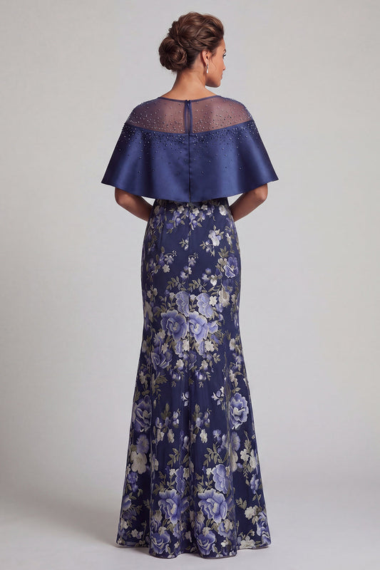 Navy Floral Mermaid Beaded Long Mother Of the Bride Dress with cape